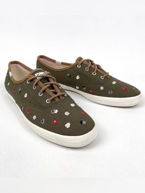 Keds Champion Sneaker Womens Size 10 Olive Green Floral Embroidery NEW